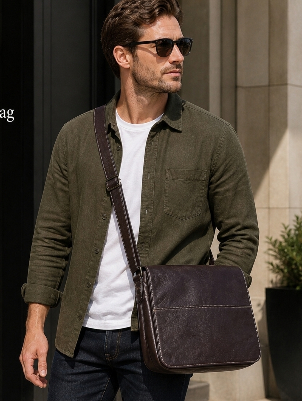 Dark Brown Genuine Leather Messenger Bag Crossbody Large Minimalist